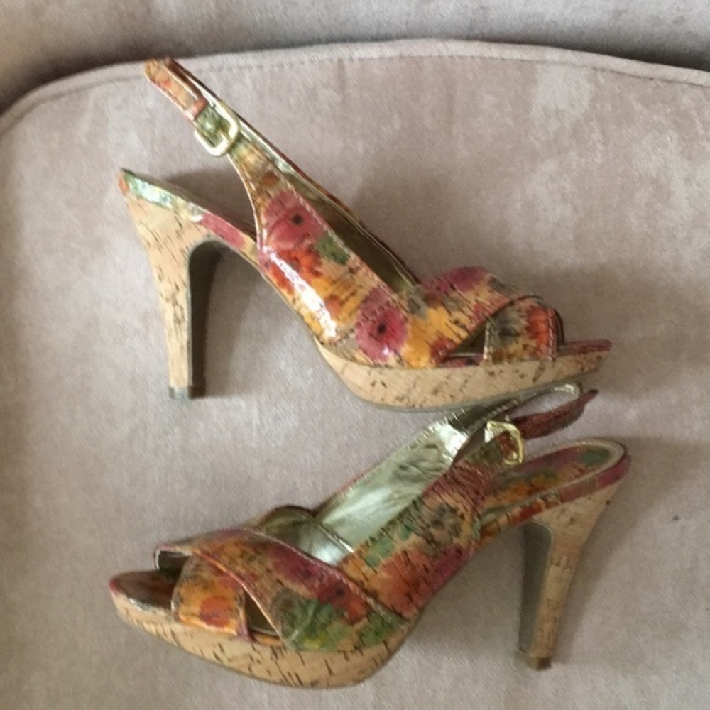Madeline flowered cork high heels with open toe